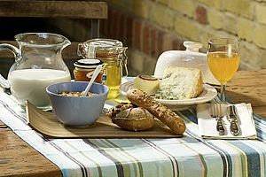 Frühstück mit Milch, Müsli, Brot